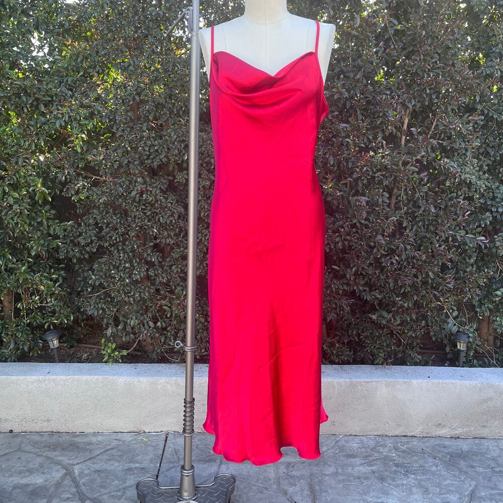 Vintage Bebe USA Made Satin Large Slip Dress Elegant Red Midi 90s Formal Grunge
